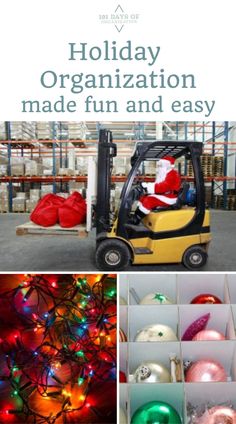 christmas decorations and ornaments are arranged in different pictures, including santa clause on the forklift