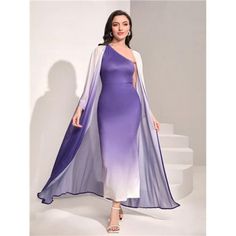 This Stunning Ensemble Features A Gracefully Asymmetrical Neckline And Batwing Sleeves, Enhancing Its Sophisticated Silhouette. The Ombre Effect In Serene Purple And White Creates A Mesmerizing Gradient, Perfect For Making A Statement. Designed With A Slim Fit And Medium Stretch Fabric, This Set Offers A Flattering Shape While Maintaining Comfort. Ideal For Evening Events, This Dress And Matching Coat Set Will Ensure You Look Effortlessly Chic And Poised. White Maxi Dress With Asymmetrical Hem For Formal Events, White Maxi Dress With Asymmetrical Hem For Formal Occasions, Formal White Maxi Dress With Asymmetrical Hem, Dress With Coat, Coat Set, Asymmetrical Neckline, Ombre Effect, Dip Dye, Purple And White