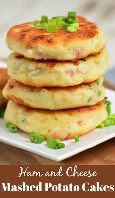 ham and cheese mashed potato cakes on a white plate with green onion garnish