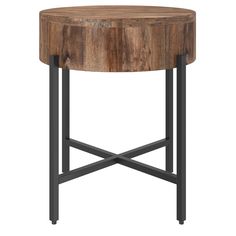 a round wooden table with metal legs