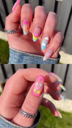 Flower Decal Nails, Color Full Nails, Nail Design Glitter, Colorful Nails, Classy Acrylic Nails, Cute Gel Nails, Kawaii Nails, Hot Nails, Funky Nails