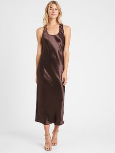 Bias-Cut Satin Slip Dress | Banana Republic Brown Slip Dress, Bias Cut Dress, Tiktok Fashion, Slip Skirts, Midi Slip Dress, Slip Skirt, Satin Midi Dress, Fashion People, Satin Slip Dress