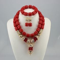 Custom-made Jewelry Set for African Wedding Party in Nigerian | Etsy Gold Bridal Necklace With Colorful Beads For Wedding, Elegant Red Beads For Wedding, Elegant Red Beaded Bridal Necklace, Elegant Bridal Necklace With Colorful Beads For Wedding, Elegant Bridal Necklace With Large Beads For Party, Elegant Red Bridal Necklace With Polished Beads, Elegant Gold Beaded Necklace For Marriage, Colorful Beads Pearl Jewelry For Wedding, Elegant Pearl Beads For Wedding