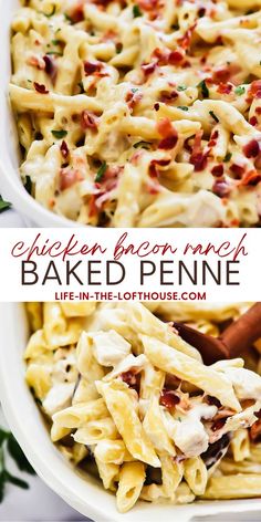 chicken bacon ranch baked penne in a white casserole dish