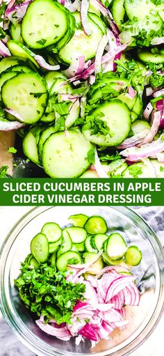 sliced cucumbers in apple cider vinegar dressing are ready to be eaten and served