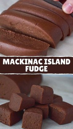 chocolate fudge is being cut into pieces with the words mackinac island fudge in