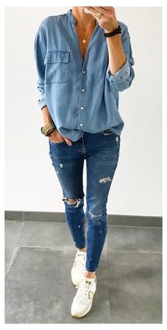 Denim Shirt And Jeans Outfit, Denim Shirt Outfit Summer, Pink Sneakers Outfit, Shirt And Jeans Outfit, Denim Shirt Outfit, Jeans Outfit Ideas, Sneakers Outfit Summer, Outfit Ideas For Spring, Sneakers Outfit Men