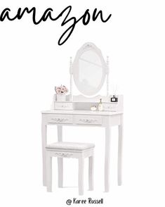 a white vanity with a mirror and stool in front of it that says, how to decorate an amazon