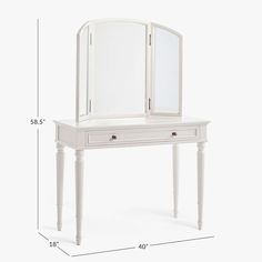 a white dressing table with two mirrors on it's sides and measurements for each drawer