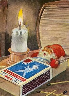 a painting of santa claus sleeping on his bed next to a lit candle and matches