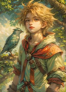 a painting of a boy with a bird on his shoulder