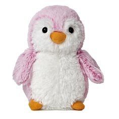 a pink and white penguin stuffed animal on a white background