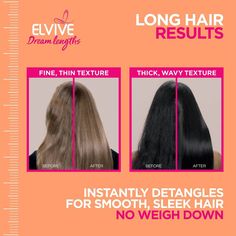 Long hair goals? Save that last inch. Dream Lengths Heat Slayer Pre-Iron Spray Leave-In protects against heat damage up to 450F degrees. Elvive Dream Lengths system of shampoo, conditioner, treatments, and dry shampoo cares for long hair and magnifies looks for the long hair of your dreams. Apply on clean, damp hair, spray evenly 6-8 inches away from hair. Flat iron it as usual. Long Hair Goals, Good Shampoo And Conditioner, Thick Curly Hair, Hair Help, Hair Solutions, Best Shampoos, Sleek Hairstyles, Hair Strengthening, Leave In Conditioner