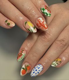 Europe Nails Travel Summer, Almafi Coast Nails, Mediterranean Nail Ideas, Picnic Nails Design, Tuscany Nails, Farmers Market Nails, Spain Inspired Nails, Aperol Nails, Picnic Nail Art