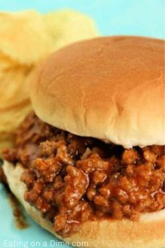 a close up of a sandwich and chips on a blue plate with text overlay that reads, eating on a dime com