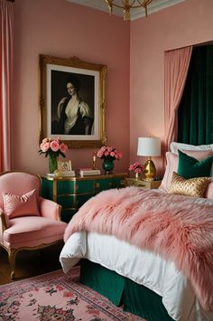 a bedroom with pink walls and green curtains, gold trimming on the headboard