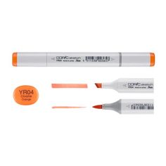 three markers and an orange marker on a white background