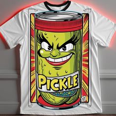 a t - shirt with an image of pickle on the front and back, hanging up against a wall