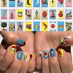 Hand painted Loteria card nails done by the talented @madnails ! Repost @belladonala #Nailinspo #nails #inspo #inspiration #loteria #cards #bingo #mexicanbingo #game #familynight #family #talent #love #artist #paint #nailpolish #suavecita #suavecitapomade Loteria Nails, Pinup Hair, Nails Colorful, Crazy Nail Art, Finger Art, Witchy Nails, Stylish Nails Designs, Mermaid Nails, Pin Up Hair