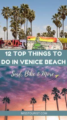 palm trees and the ocean with text overlaying top things to do in venice beach