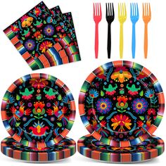 colorful mexican dinnerware with forks and napkins