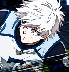 an anime character with white hair wearing a blue and white uniform looking at the camera