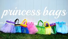 there are many bags lined up on the grass with words princess bags in front of them