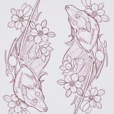 two drawings of mice with flowers and leaves in the background, one is facing each other