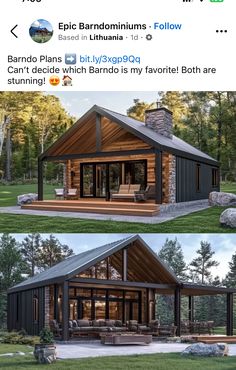 two pictures of a small log cabin in the woods