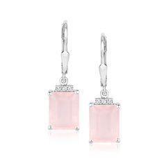 Ross-Simons - 5.75ct t. w. Rose Quartz Drop Earrings, .10ct t. w. White Topaz. Beaming with a pretty pale-pink hue, this pair of 5.75 ct. t. w. emerald-cut rose quartz drop earrings offer an easy-going air of elegance and femininity. Topped with trios of .10 ct. t. w. white topaz rounds for a little extra dazzle. Set in polished sterling silver. Hanging length is 1 1/8". Leverback, white topaz and rose quartz drop earrings.