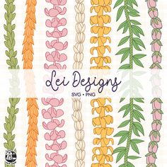 an assortment of different colored flowers and leaves with the words, le besigns sv