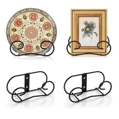 three decorative items are displayed in front of a white background, including a plate and two framed pictures