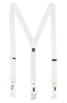 Smart and versatile, these adjustable suspenders made of solid nylon webbing add polish and distinction to any look. 1 1/4" width; 43" total adjustable length Convertible clip and button-tab fasteners Nylon/elastic Imported Classic Adjustable Belts And Suspenders For Summer, Classic Formal Belts And Suspenders For Summer, Classic Belts And Suspenders With Adjustable Straps For Work, Adjustable Belts And Suspenders For Summer, Summer Belts And Suspenders With Adjustable Straps, Fitted Belts And Suspenders With Adjustable Strap For Business, Adjustable Belts And Suspenders For Workwear, Nordstrom Store, Mens Belts