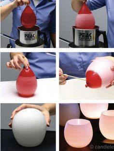 four pictures show the process of making an egg with colored liquid in it, and then being used as a lamp