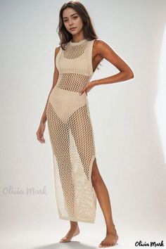 Olivia Mark - Mesh Knitted Sleeveless Top and Beach Skirt Cover-up: The Perfect Choice for Your Vacation Vacation Skirt, Cover Up Crochet, Vacation Skirts, Retro Style Dress, Skirt Coverup, Beach Coverup Dress, Stylish Work Attire, Beach Skirt, Knitted Vest