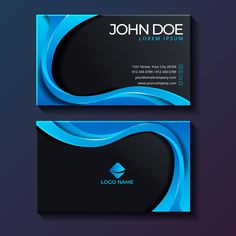 a business card with blue waves on the front and black back, in an elegant style