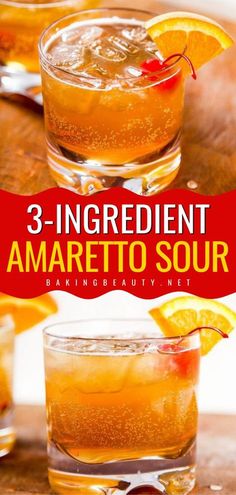 3 ingredient amaretto sour recipe with oranges in the background