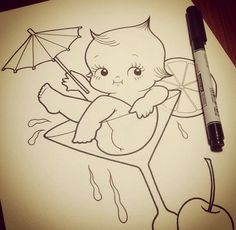 a drawing of a baby holding an umbrella on top of a piece of paper next to a marker