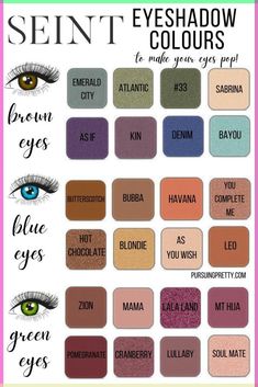 Find out what are the best Eyeshadows for Your Eye Colour! Colour theory explains which SEINT eyeshadows will make your eyes pop! Eyeshadow Green Eyes, Eyeshadow Brown Eyes, Green Eyes Pop, Brown Eyes Pop, Eyeshadow For Green Eyes, Blue Eyes Pop, Cute Eyeshadow Looks, Eyeshadow For Blue Eyes, Blue Green Eyes