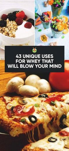 the cover of a cookbook with pictures of pizzas, fruit and other foods