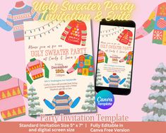 an ugly sweater party invitation is shown on the phone and in front of a christmas tree