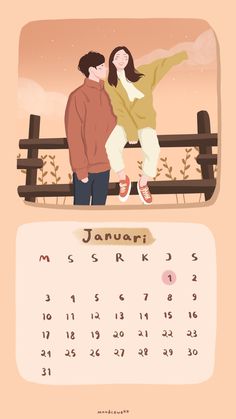 a calendar with an image of a man and woman sitting on a fence in front of the