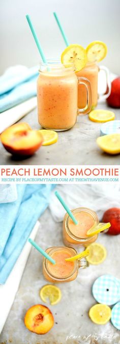 peach lemon smoothie in mason jars with straws