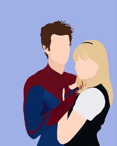 a man and woman hugging each other with the spider - man on his arm, in front of a blue background