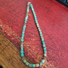 "Very pretty! Large, chunky, shiny, natural green blue brown, cube Turquoise and sterling silver necklace. These turquoise gemstones are NOT dyed. Approx. cubes are 8x10mm - LARGE beads - not all perfectly square or rectangle. Lengths come with 2\" extender. 24\" is shown. Example: 24\" + 2\" extender = 26\" total length to END of extender chain. If you do not want extender, add note to me at checkout. 🚩The length MAY not be \"exact\" due to the chunky size of beads but very close, if not right Earthy Turquoise Necklace As A Gift, Earthy Turquoise Necklace For Gift, Boho Leather Necklace, Chunky Turquoise Necklace, December Birthstone Necklace, Blue Gemstone Necklace, Flower Girl Necklace, Turquoise Choker, Round Bead Necklace