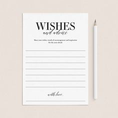 a notepad with the words wishes and advice written on it next to a pencil