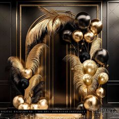 a black and gold party with balloons, streamers and palm tree branches in front of an art deco door