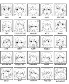 an anime character's face chart with different facial expressions and hair styles for each character