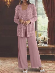 Chiffon Mother of the Bride Pantsuits with Jacket & Sequins - Mondressy Grandma Outfit For Wedding, Grandmother Of The Bride Outfits, Mother Of The Bride Pantsuits, Bride Pantsuit, Mother Of The Bride Jackets, Grandma Dress, Sequins Jacket, Grandma Clothes, Mother Of The Bride Suits