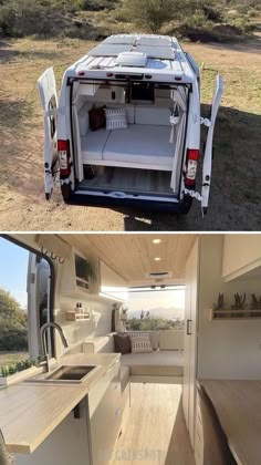 the inside and outside of an rv with wood flooring, white walls and cabinets